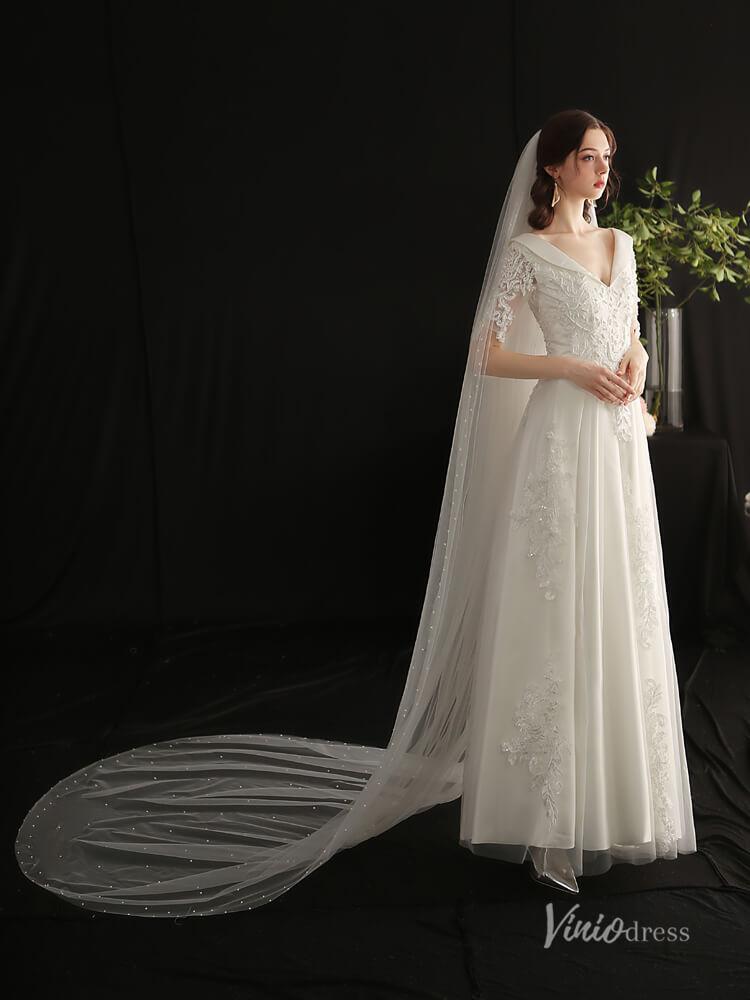 2 Tiers Tulle Bridal Veils with Pearls Viniodress AC1306-Bridal Veil 2025 -Viniodress-Ivory-