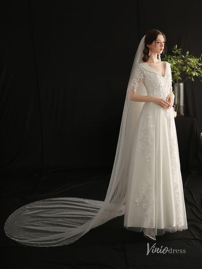 2 Tiers Tulle Bridal Veils with Pearls Viniodress AC1306-Bridal Veil 2025 -Viniodress-Ivory-