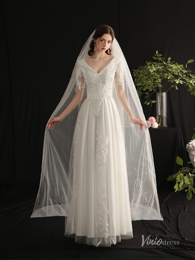 2 Tiers Tulle Bridal Veils with Pearls Viniodress AC1306-Bridal Veil 2025 -Viniodress-Ivory-