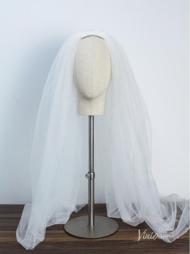 2 Tiers Tulle Bridal Veils with Pearls Viniodress AC1306-Bridal Veil 2025 -Viniodress-Ivory-