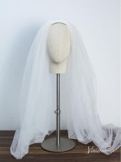 2 Tiers Tulle Bridal Veils with Pearls Viniodress AC1306-Bridal Veil 2025 -Viniodress-Ivory-
