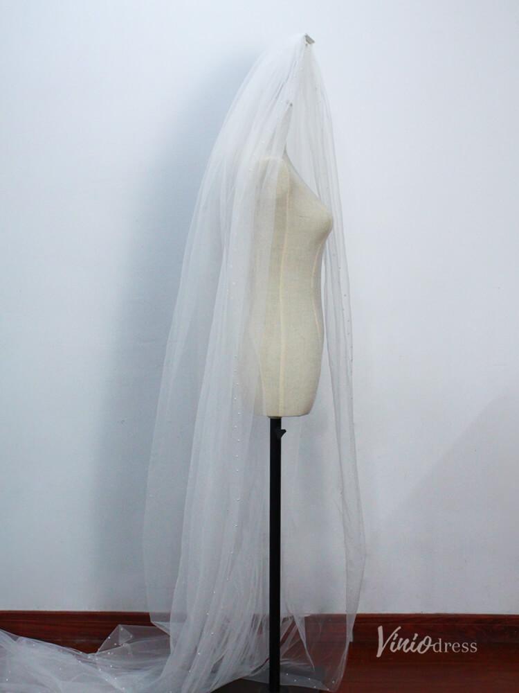 2 Tiers Tulle Bridal Veils with Pearls Viniodress AC1306-Bridal Veil 2025 -Viniodress-Ivory-