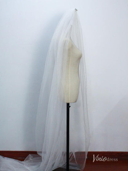2 Tiers Tulle Bridal Veils with Pearls Viniodress AC1306-Bridal Veil 2025 -Viniodress-Ivory-