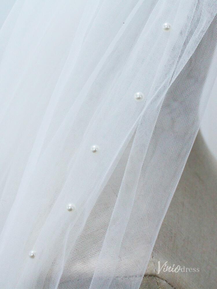 2 Tiers Tulle Bridal Veils with Pearls Viniodress AC1306-Bridal Veil 2025 -Viniodress-Ivory-
