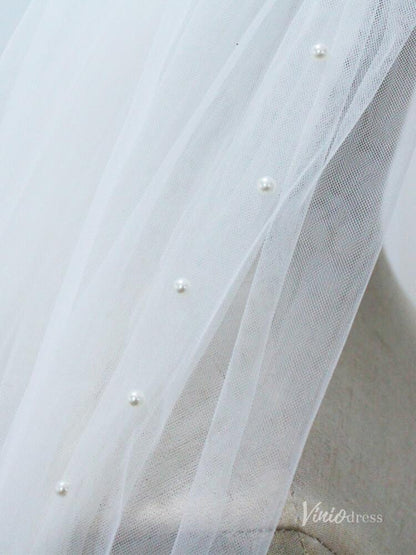 2 Tiers Tulle Bridal Veils with Pearls Viniodress AC1306-Bridal Veil 2025 -Viniodress-Ivory-