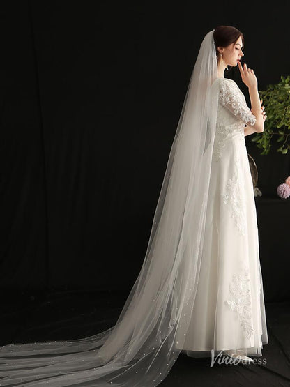 2 Tiers Tulle Bridal Veils with Pearls Viniodress AC1306-Bridal Veil 2025 -Viniodress-Ivory-