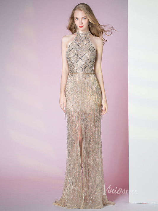 Prom Dress 2025 20s Flapper Dress Formal Evening Gown Beaded Sheath Prom Dress with Slit FD2796-unique prom dresses-Taupe-US 2-Viniodress