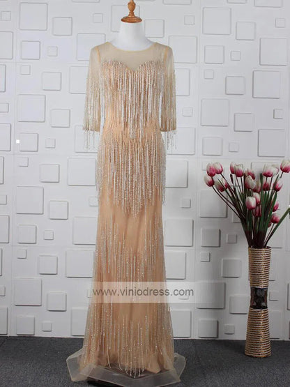 20s Gatsby Party Dresses Beaded Flapper Formal Dress with Sleeves FD1442-Evening Dresses 2025 -Viniodress-Gold-Custom Size-