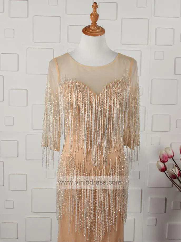20s Gatsby Party Dresses Beaded Flapper Formal Dress with Sleeves FD1442-Evening Dresses 2025 -Viniodress-Gold-Custom Size-