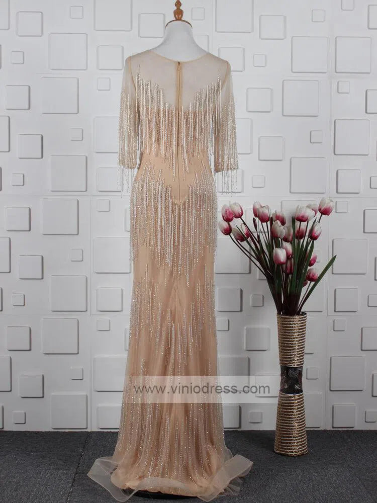 Prom Dress 2025 20s Gatsby Party Dresses Beaded Flapper Formal Dress with Sleeves FD1442-unique prom dresses-Gold-Custom Size-Viniodress