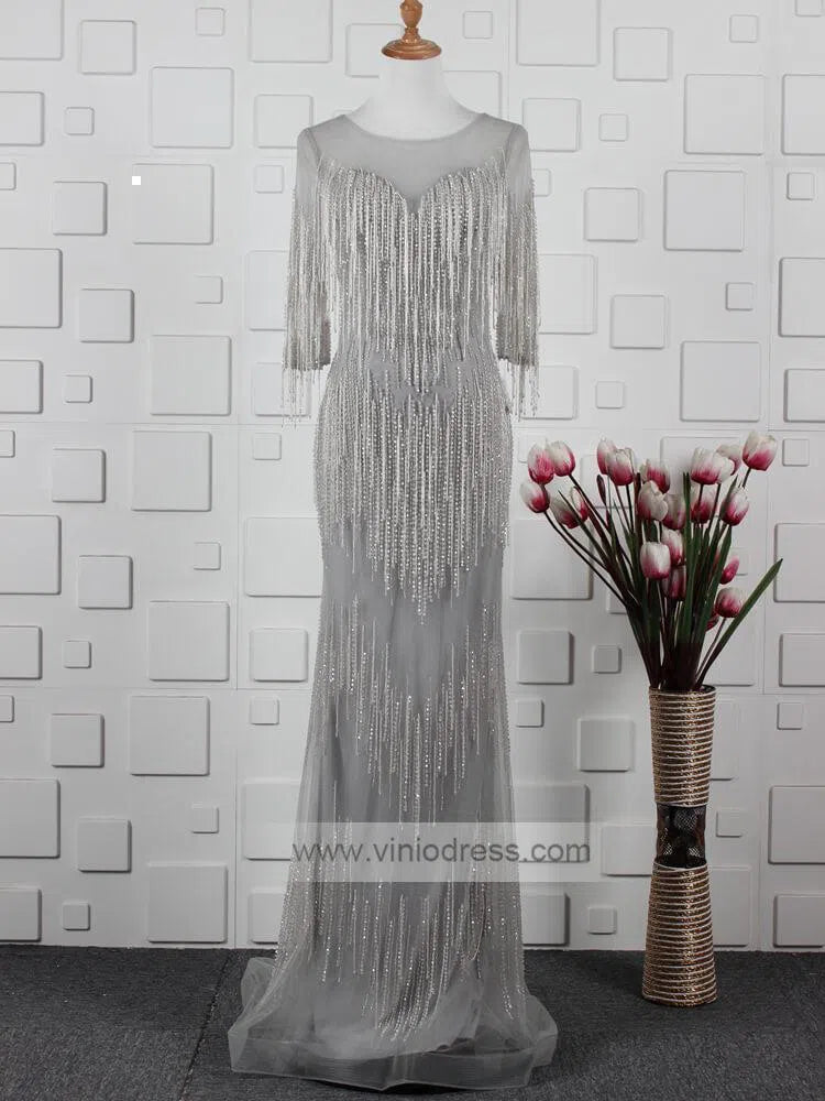 Prom Dress 2025 20s Gatsby Party Dresses Beaded Flapper Formal Dress with Sleeves FD1442-unique prom dresses-Grey-Custom Size-Viniodress