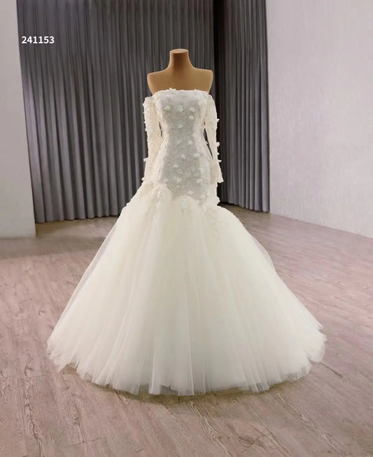 White Tulle Mermaid Wedding Dress with Long Sleeves, Floral Lace Bodice 241153