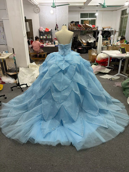 Fairytale Light Blue Quinceañera Ball Gown with Crystal Sweetheart Bodice and Layered Petal Skirt - 241162