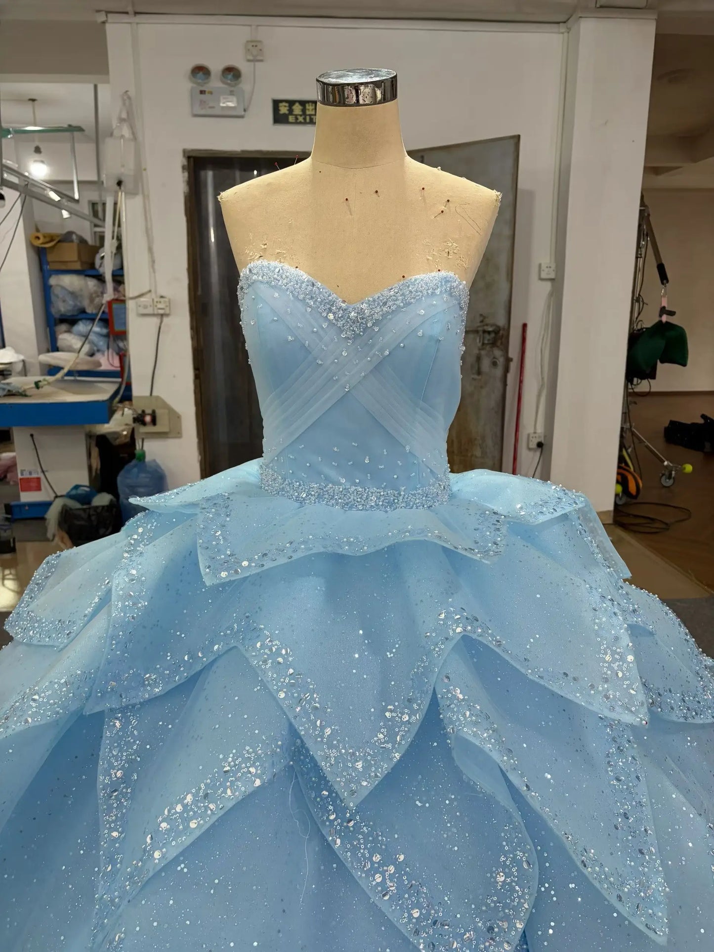 Fairytale Light Blue Quinceañera Ball Gown with Crystal Sweetheart Bodice and Layered Petal Skirt - 241162