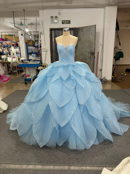Fairytale Light Blue Quinceañera Ball Gown with Crystal Sweetheart Bodice and Layered Petal Skirt - 241162