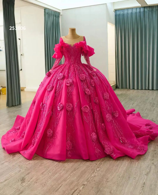 Long Sleeve Fuchsia Quinceanera Dress Rosette Flower Debutante Gowns 251006