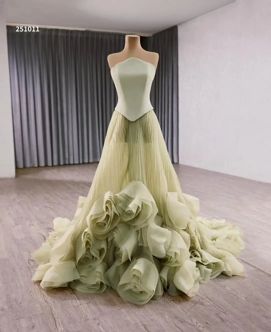 Sage Green Rosette Gala Dress Strapless Unique Formal Gown 251011