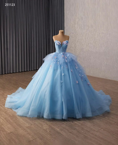 Light Blue Floral Quinceañera Ball Gown with Pearl Corset and Cathedral Train - 251123