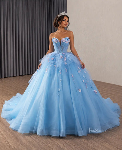 Light Blue Floral Quinceañera Ball Gown with Pearl Corset and Cathedral Train - 251123