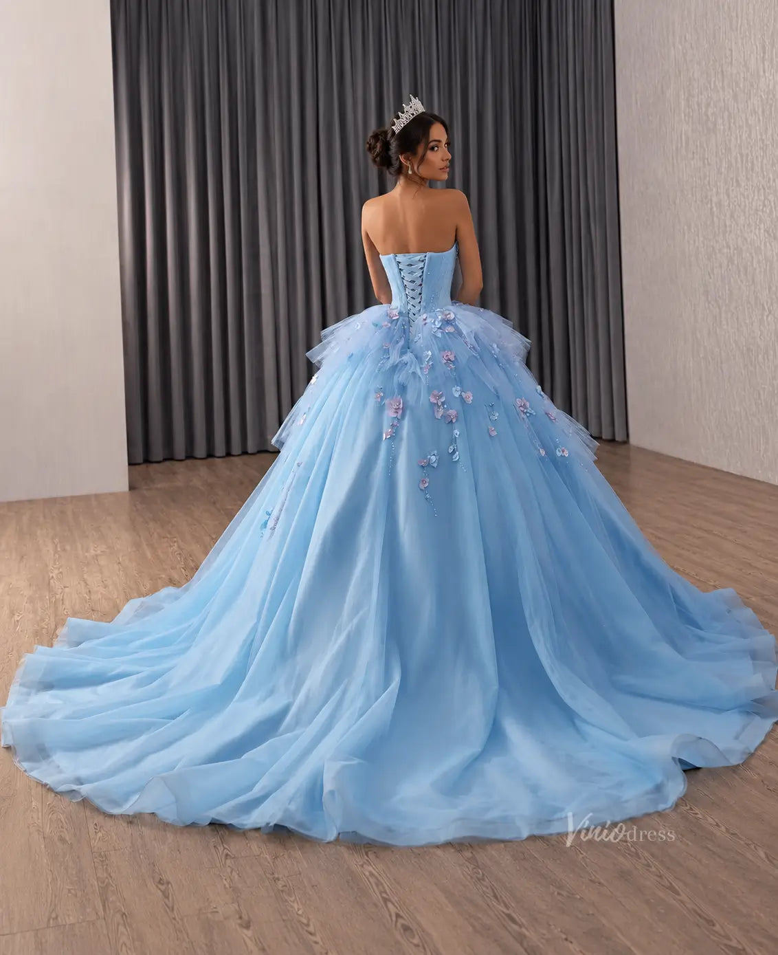 Light Blue Floral Quinceañera Ball Gown with Pearl Corset and Cathedral Train - 251123
