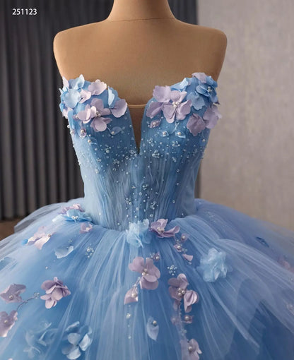 Light Blue Floral Quinceañera Ball Gown with Pearl Corset and Cathedral Train - 251123