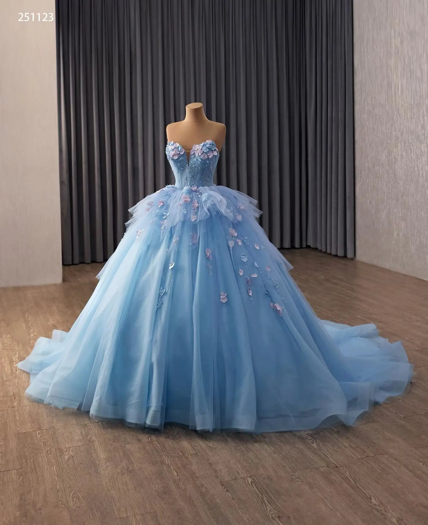 Light Blue Floral Quinceañera Ball Gown with Pearl Corset and Cathedral Train - 251123