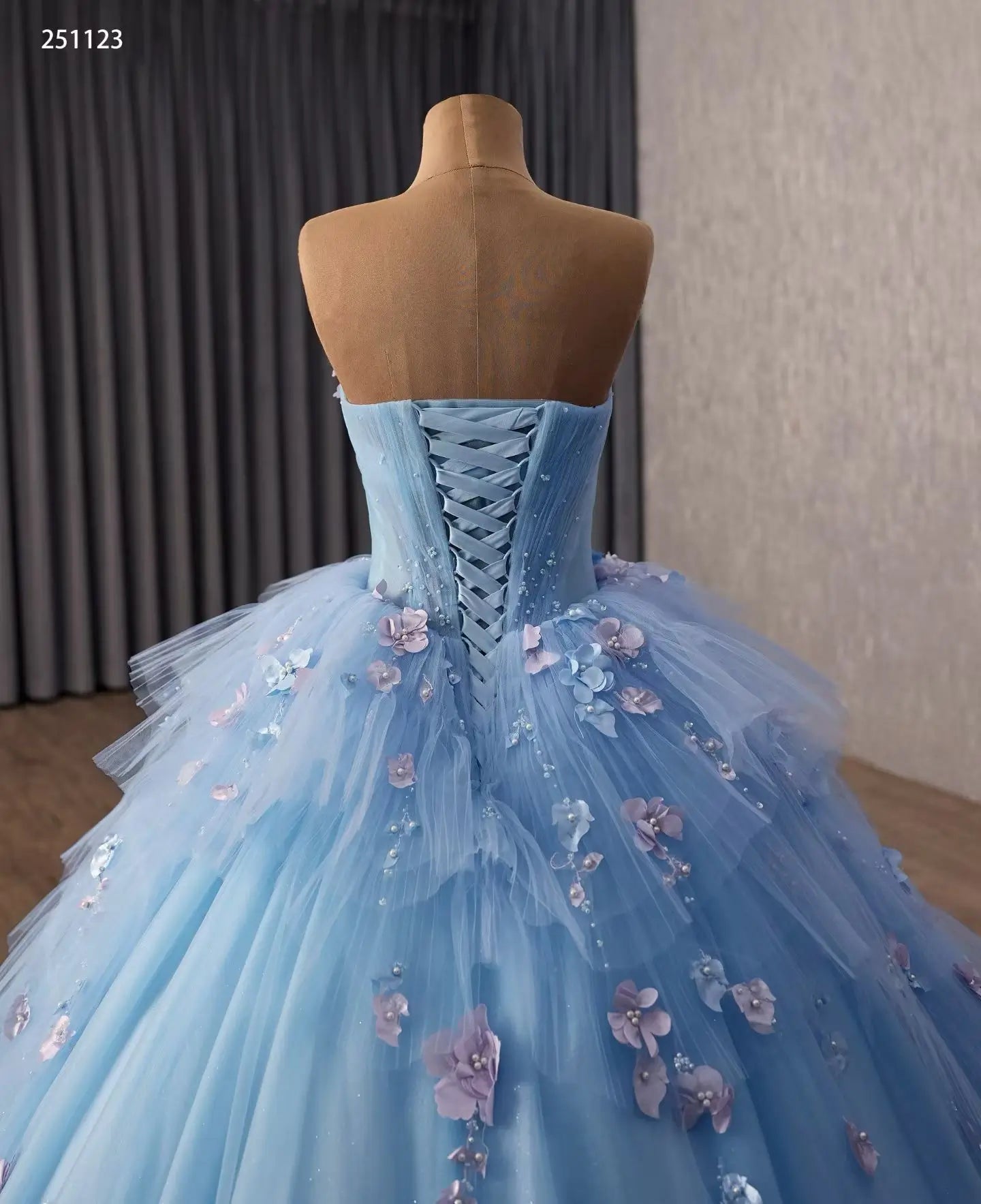 Light Blue Floral Quinceañera Ball Gown with Pearl Corset and Cathedral Train - 251123