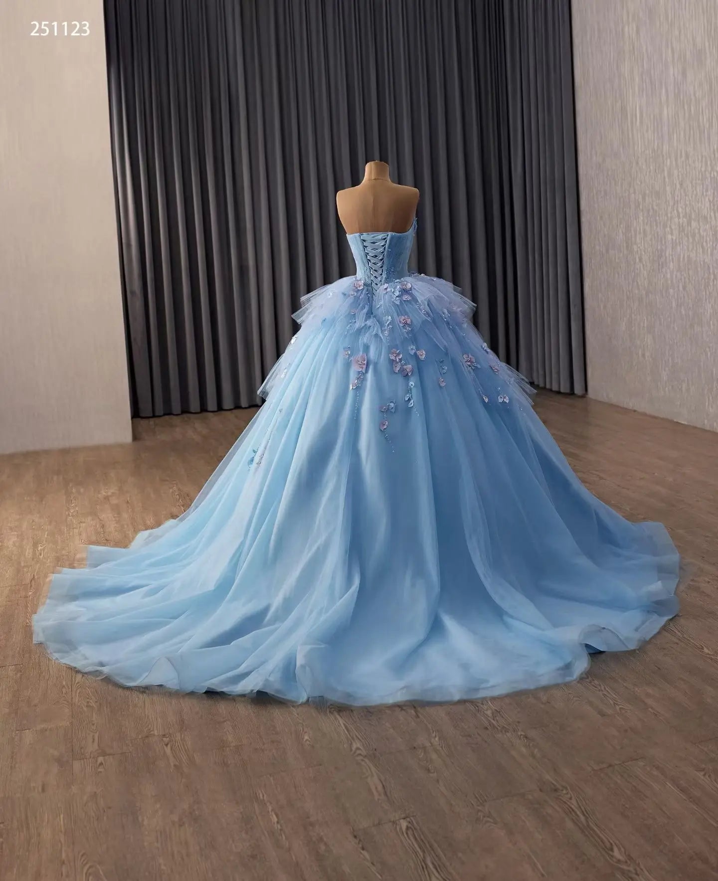 Light Blue Floral Quinceañera Ball Gown with Pearl Corset and Cathedral Train - 251123