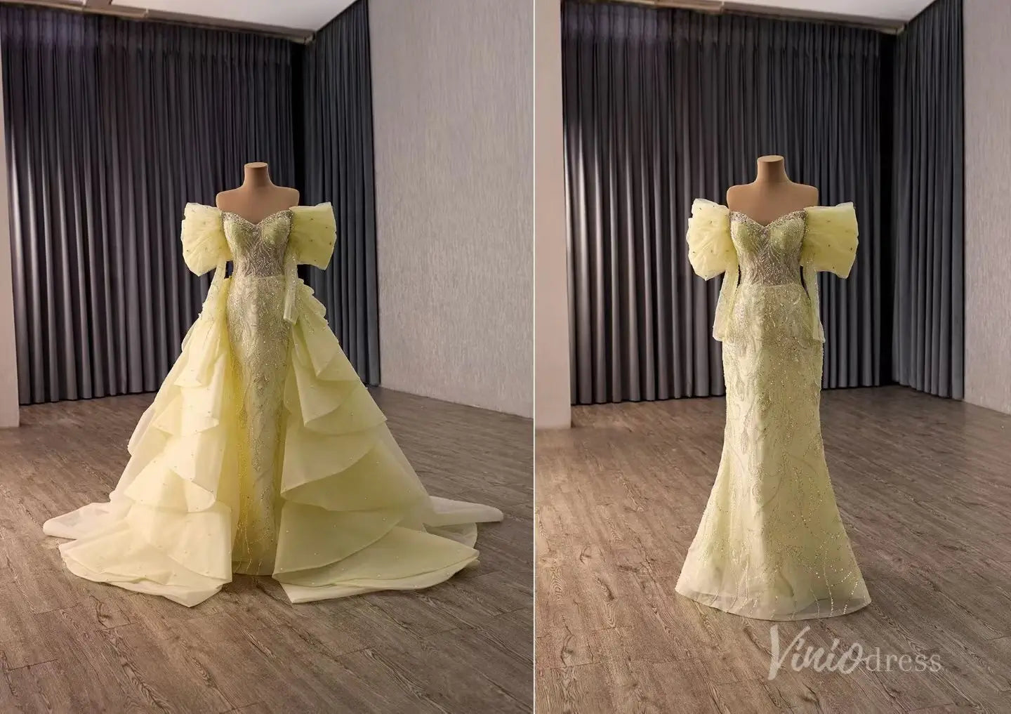 Yellow Beaded Quinceañera Dress with Sweetheart Neck, Off-Shoulder Bow Sleeves & Detachable Ruffle Overskirt – 251140