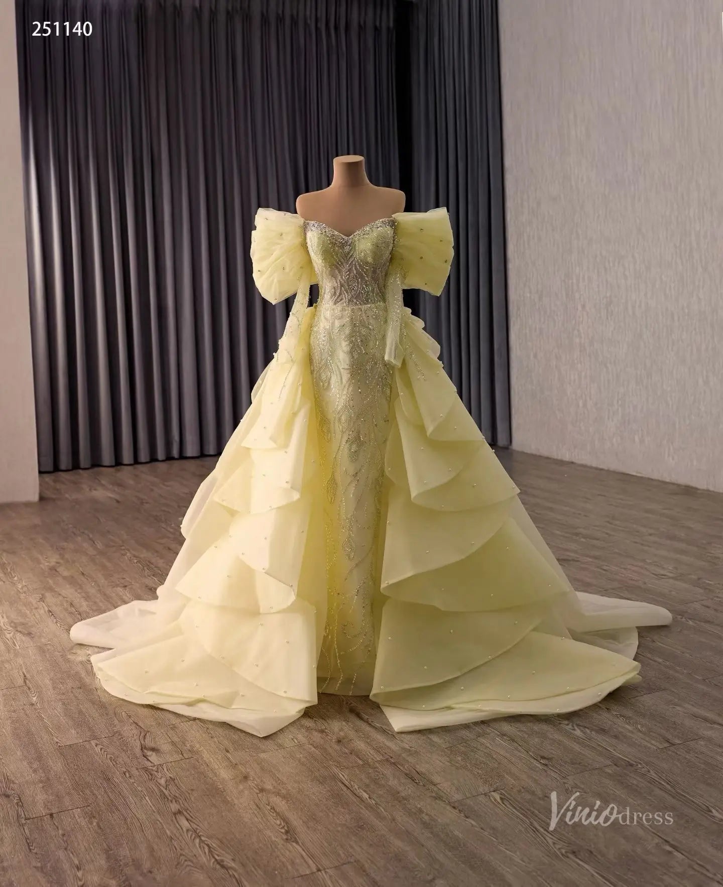 Yellow Beaded Quinceañera Dress with Sweetheart Neck, Off-Shoulder Bow Sleeves & Detachable Ruffle Overskirt – 251140
