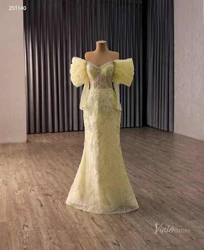 Yellow Beaded Quinceañera Dress with Sweetheart Neck, Off-Shoulder Bow Sleeves & Detachable Ruffle Overskirt – 251140
