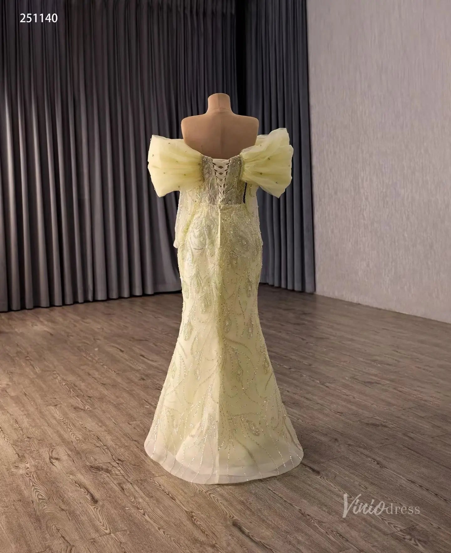 Yellow Beaded Quinceañera Dress with Sweetheart Neck, Off-Shoulder Bow Sleeves & Detachable Ruffle Overskirt – 251140