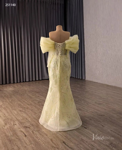 Yellow Beaded Quinceañera Dress with Sweetheart Neck, Off-Shoulder Bow Sleeves & Detachable Ruffle Overskirt – 251140