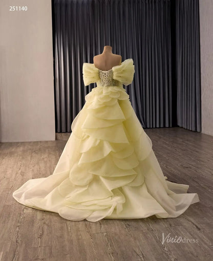 Yellow Beaded Quinceañera Dress with Sweetheart Neck, Off-Shoulder Bow Sleeves & Detachable Ruffle Overskirt – 251140
