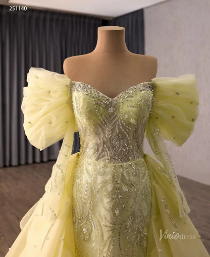Yellow Beaded Quinceañera Dress with Sweetheart Neck, Off-Shoulder Bow Sleeves & Detachable Ruffle Overskirt – 251140