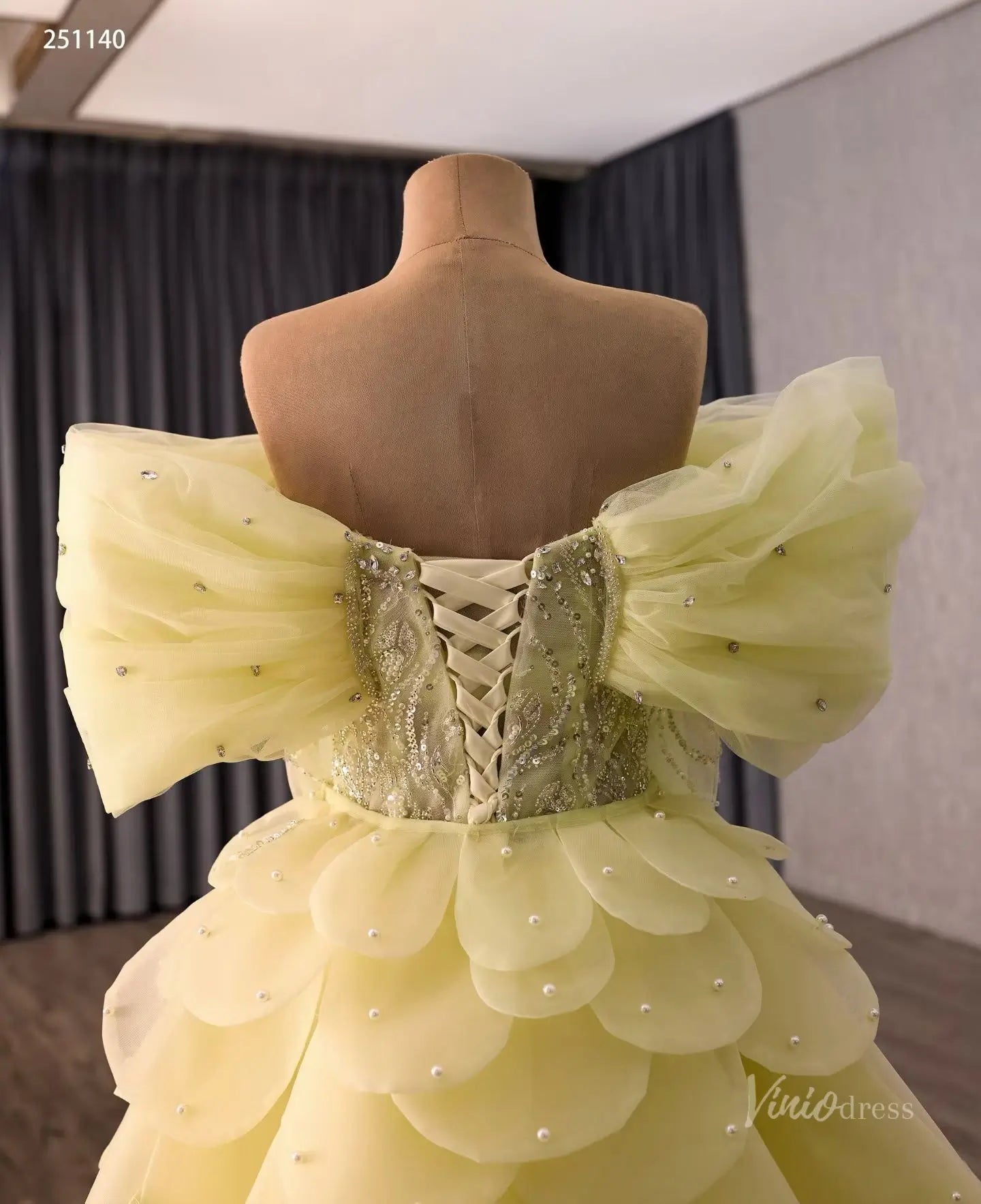Yellow Beaded Quinceañera Dress with Sweetheart Neck, Off-Shoulder Bow Sleeves & Detachable Ruffle Overskirt – 251140