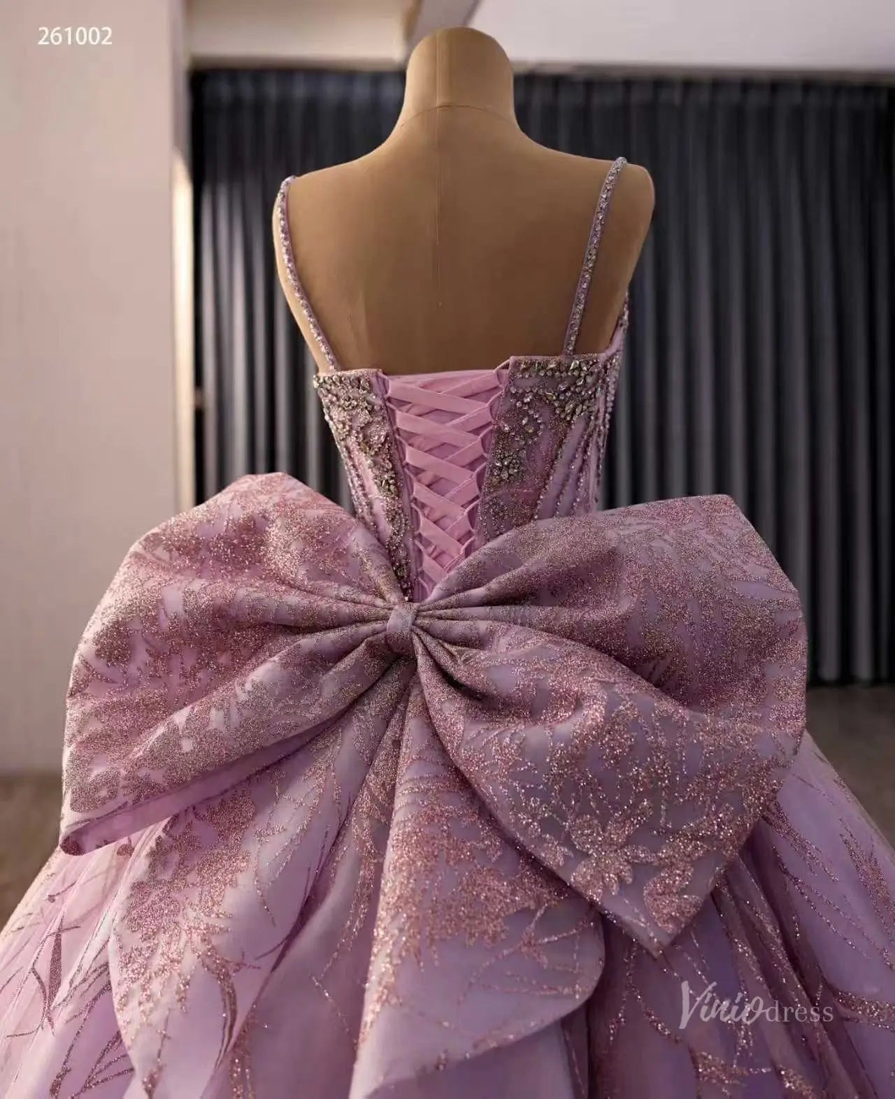 Dusty Rose Glitter Quinceañera Ball Gown with Rhinestone Straps, Crystal Bodice & Oversized Bow – 261002