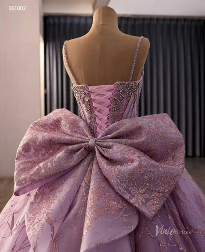 Dusty Rose Glitter Quinceañera Ball Gown with Rhinestone Straps, Crystal Bodice & Oversized Bow – 261002