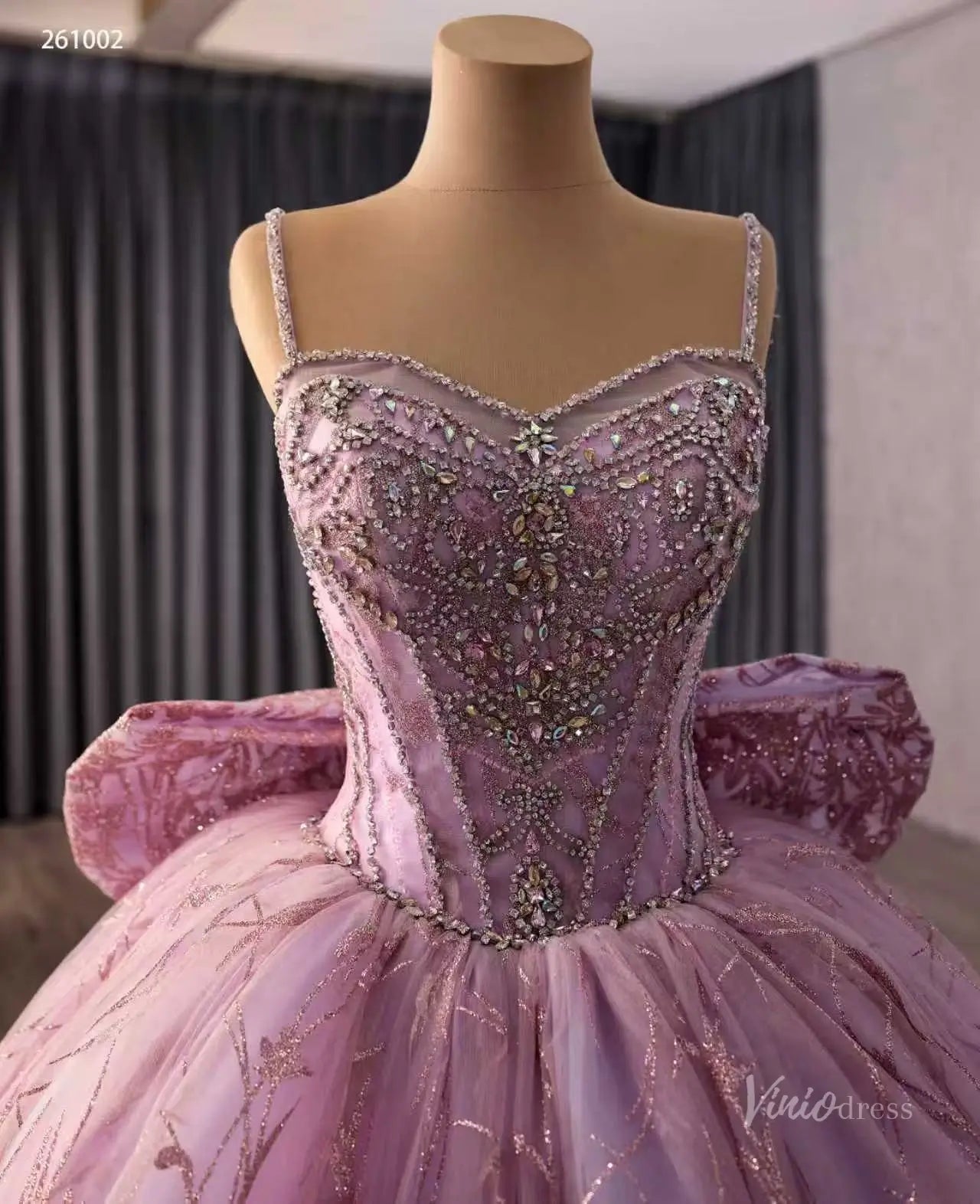 Dusty Rose Glitter Quinceañera Ball Gown with Rhinestone Straps, Crystal Bodice & Oversized Bow – 261002