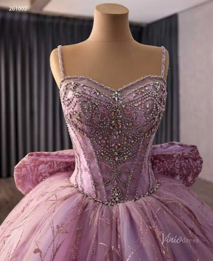 Dusty Rose Glitter Quinceañera Ball Gown with Rhinestone Straps, Crystal Bodice & Oversized Bow – 261002
