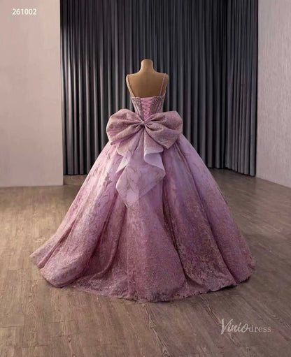 Dusty Rose Glitter Quinceañera Ball Gown with Rhinestone Straps, Crystal Bodice & Oversized Bow – 261002