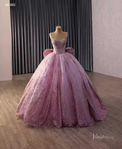 Dusty Rose Glitter Quinceañera Ball Gown with Rhinestone Straps, Crystal Bodice & Oversized Bow – 261002