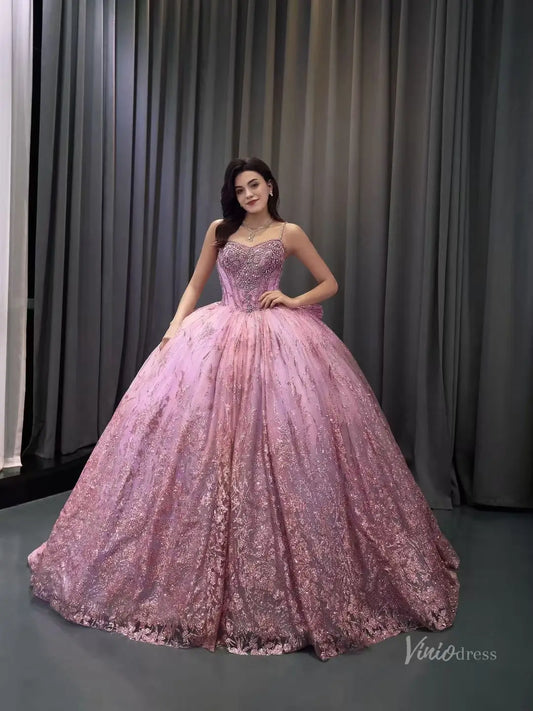 Dusty Rose Glitter Quinceañera Ball Gown with Rhinestone Straps, Crystal Bodice & Oversized Bow – 261002