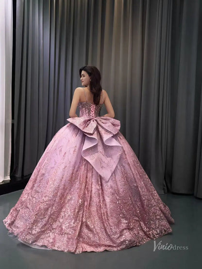Dusty Rose Glitter Quinceañera Ball Gown with Rhinestone Straps, Crystal Bodice & Oversized Bow – 261002