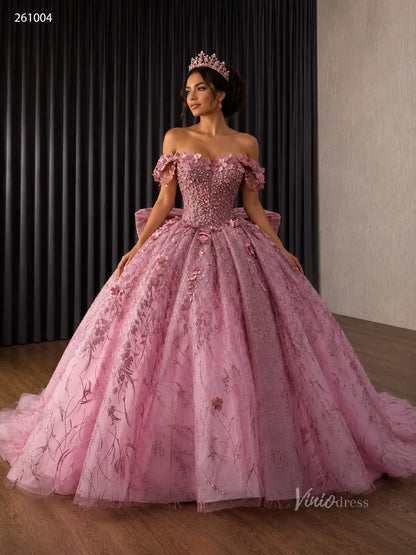 Dusty Rose Off-Shoulder Quinceañera Ball Gown with 3D Floral Appliqués, Beaded Bodice & Oversized Bow – 261004
