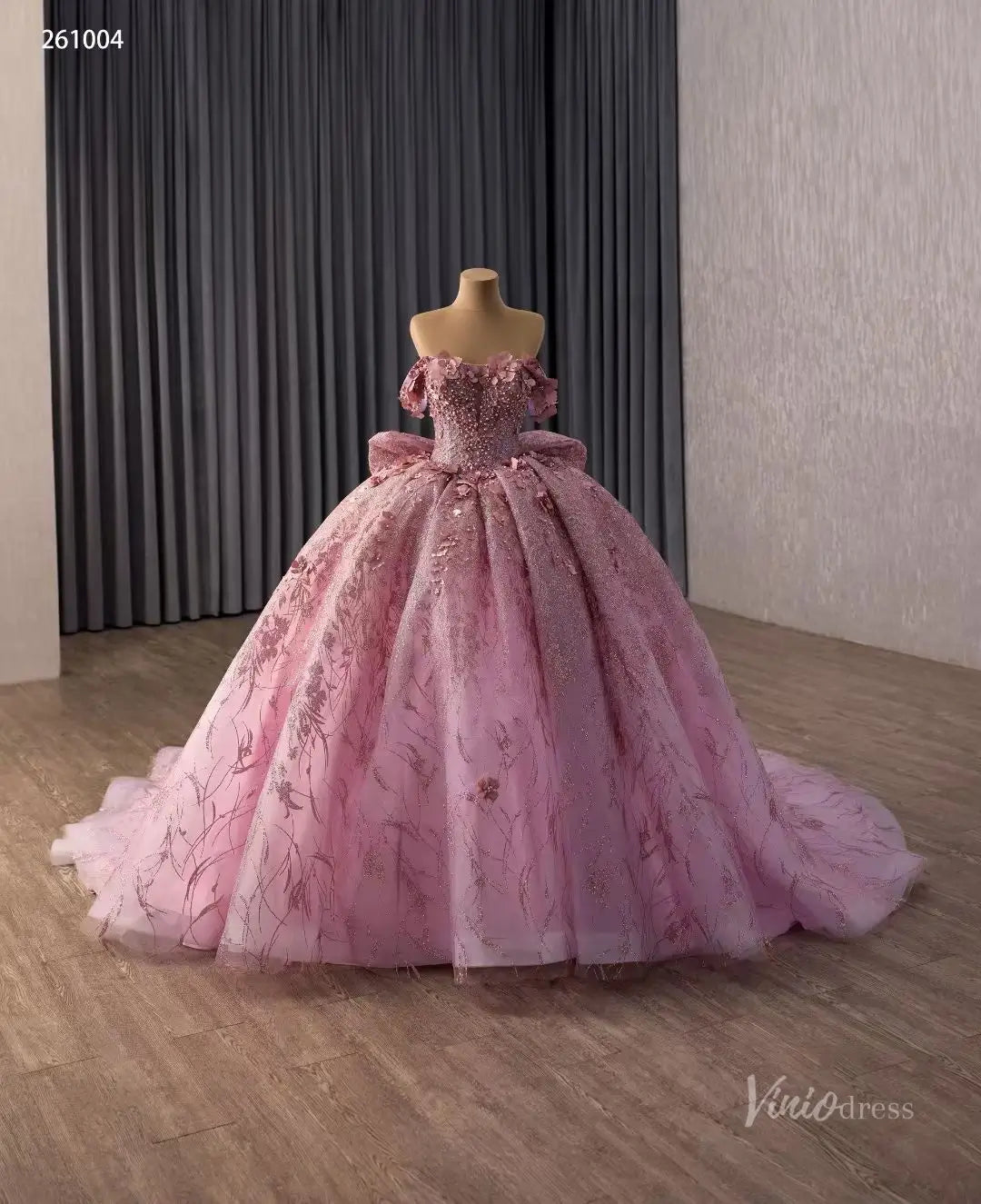 Dusty Rose Off-Shoulder Quinceañera Ball Gown with 3D Floral Appliqués, Beaded Bodice & Oversized Bow – 261004