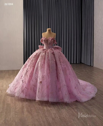 Dusty Rose Off-Shoulder Quinceañera Ball Gown with 3D Floral Appliqués, Beaded Bodice & Oversized Bow – 261004