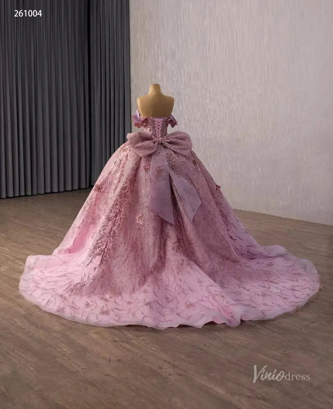 Dusty Rose Off-Shoulder Quinceañera Ball Gown with 3D Floral Appliqués, Beaded Bodice & Oversized Bow – 261004