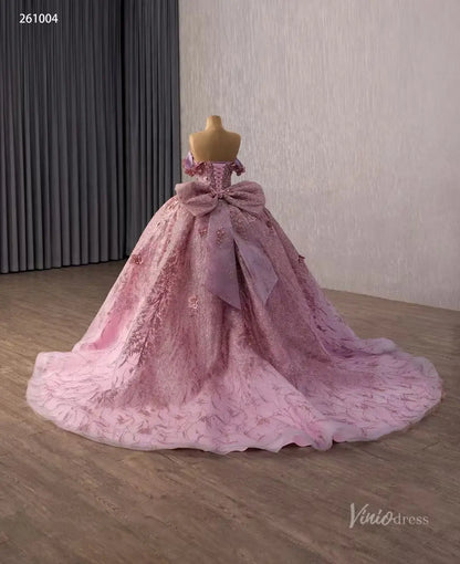 Dusty Rose Off-Shoulder Quinceañera Ball Gown with 3D Floral Appliqués, Beaded Bodice & Oversized Bow – 261004