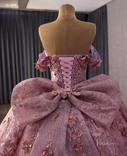 Dusty Rose Off-Shoulder Quinceañera Ball Gown with 3D Floral Appliqués, Beaded Bodice & Oversized Bow – 261004